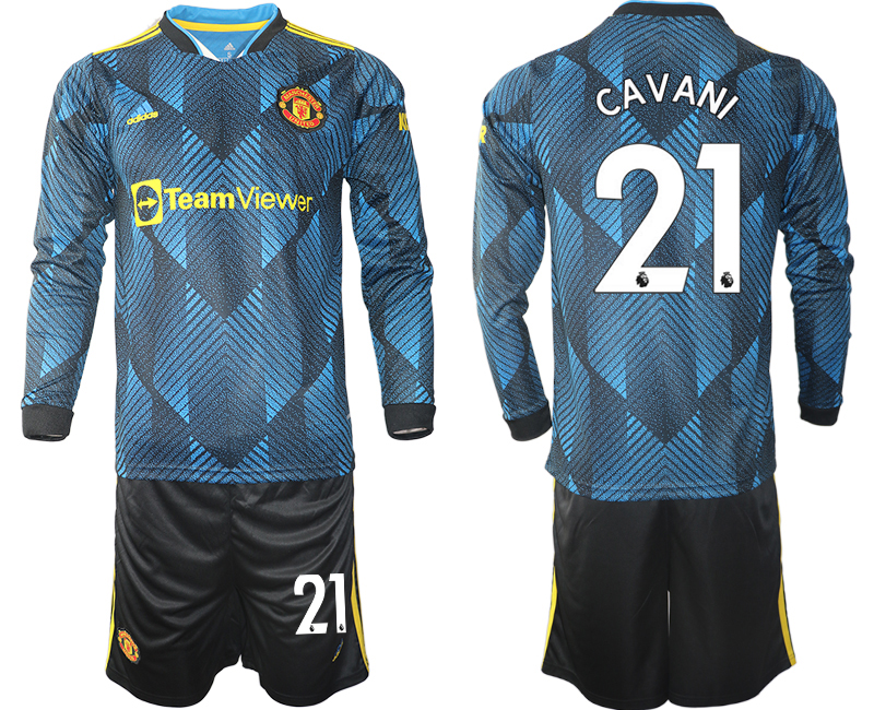 Men 2021-2022 Club Manchester united second away blue Long Sleeve #21 Soccer Jersey